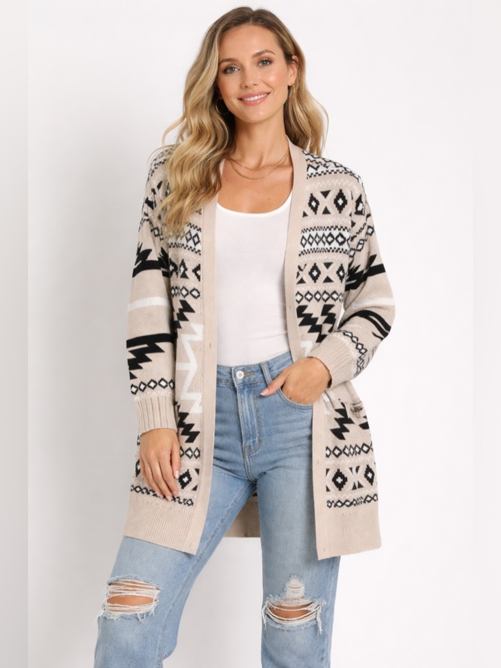 Lucky Brand Aztec Cardigan Sweater Women NWT Beige Black Boho Knit Duster Medium